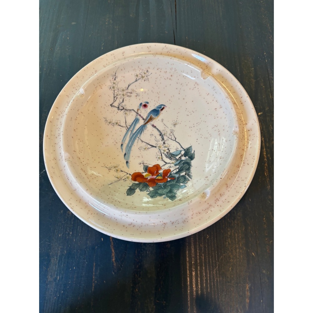 Vintage Treasure Craft Ceramic Ashtray Blue Birds Flowers Made in USA 9.25 Inch